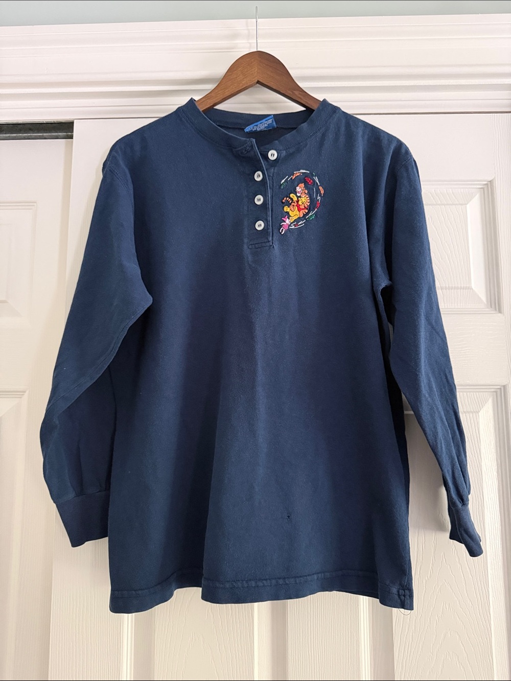 Navy Long-Sleeve Henley Top with Embroidered Winnie the Pooh Graphic